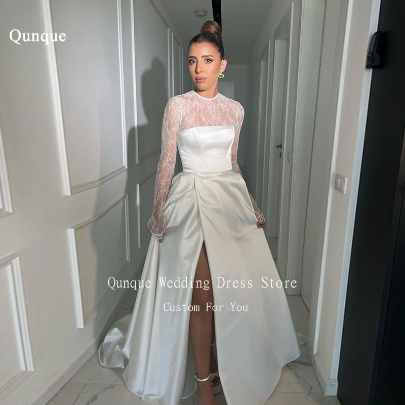 Qembali Nowoczesne свадебные платья Атласные трапециевидной формы с высоким воротом и