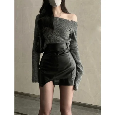 

2024 New Irregular Half Skirt Hip Wrap PU Leather Apricot Autumn Winter Pair with High Waist DQ1434