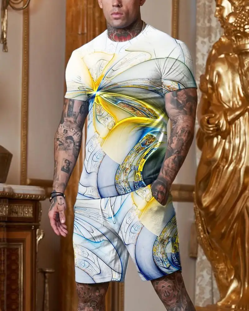 Summer Men Set Fashion Outfit Geometric Pattern Dot Casual Oversized Sportswear 3D Printed Harajuku T-Shirt Shorts 2 Piece Suit