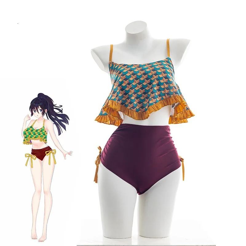 

Anime Demon Slayer Cosplay Tomioka Giyuu Swimwear Cloak Outfits 2021 Summer Beach Bikini Two Pieces Suit