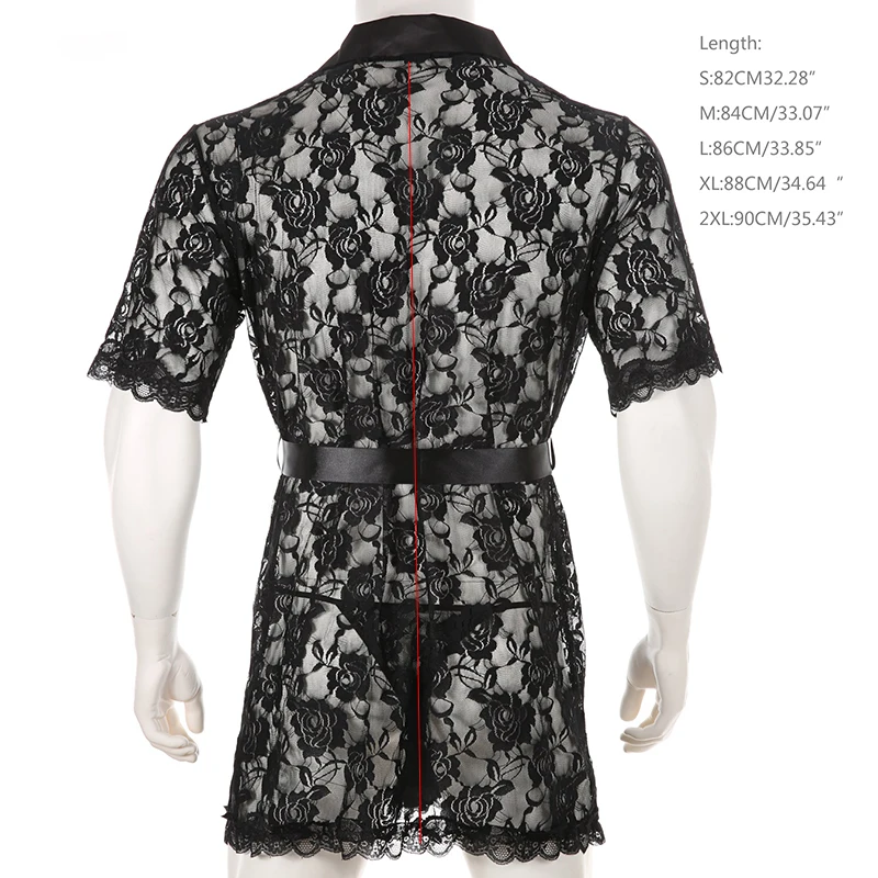 Мужской сексуальный короткий просвечивающий порно кружевной халат прозрачный