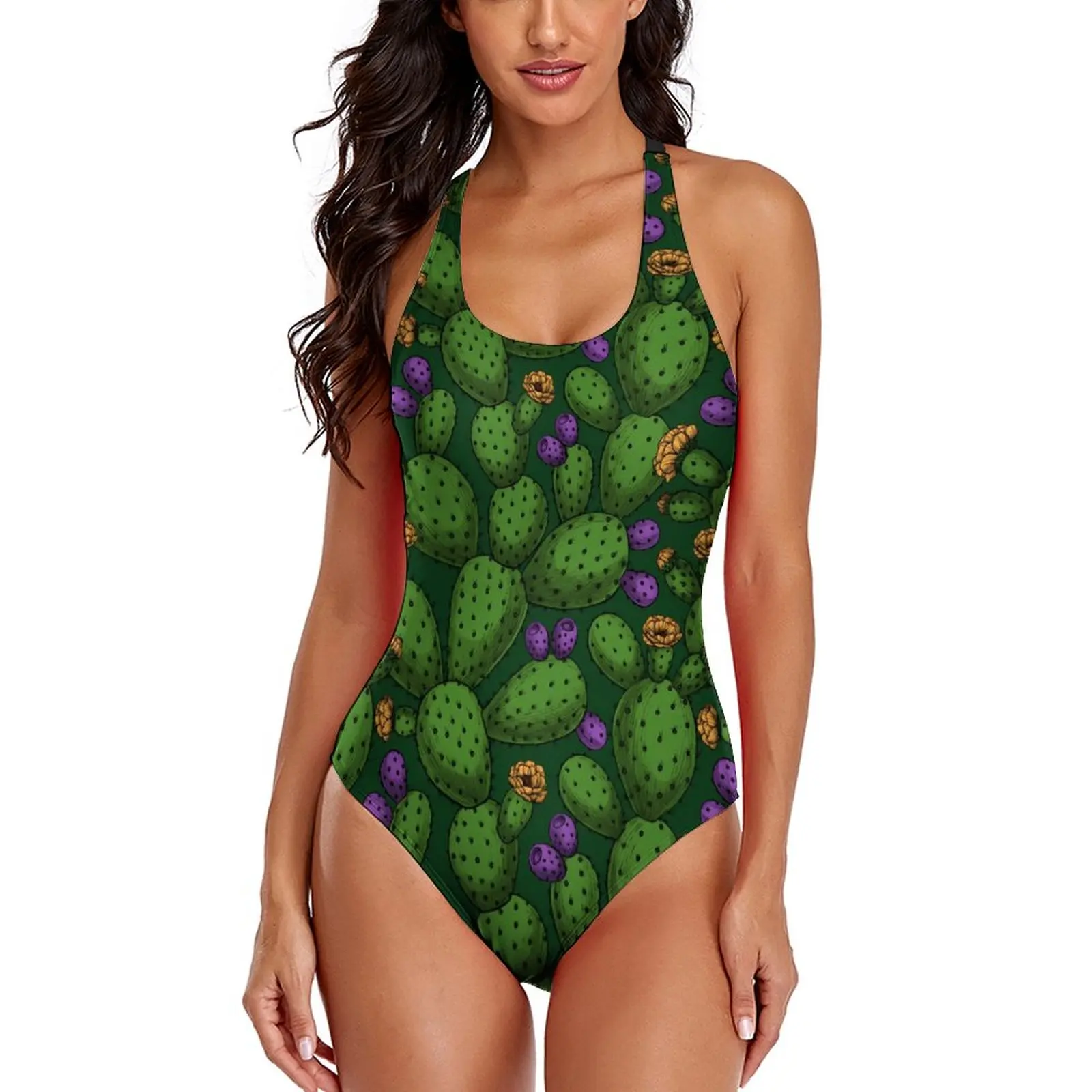 

Cactus Print Swimsuit Flowering Opuntia Swimwear One-Piece Bathing Suit Sexy Stylish Bath Beach Wear Plus Size