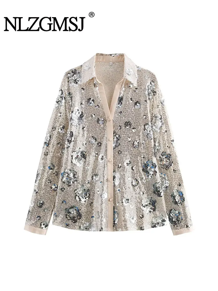 TRAF 2024 осенняя женская рубашка с отложным воротником и блестками повседневная