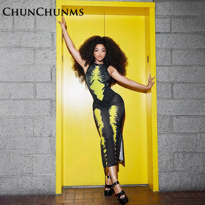 

Summer O-neck Sleeveless Mesh Printed Slim Long Dress Women Street Sexy Bodycon Mid-Calf Maxi Dresses 2022 Party Robes Club Wear