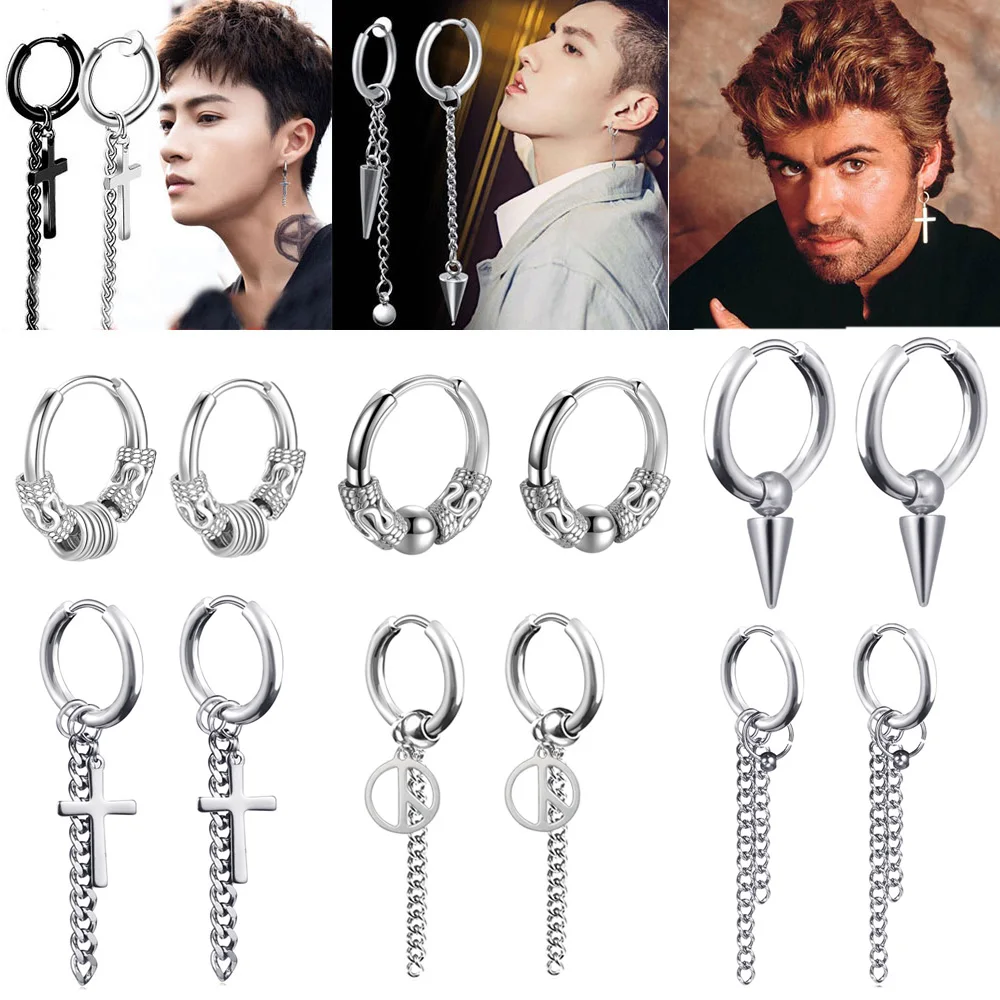 

32 Styles Punk Cross Long Hoop Earrings for Men Women Stainless Steel Short Round Earrings Boys' Rock Roll K-pop Earrings