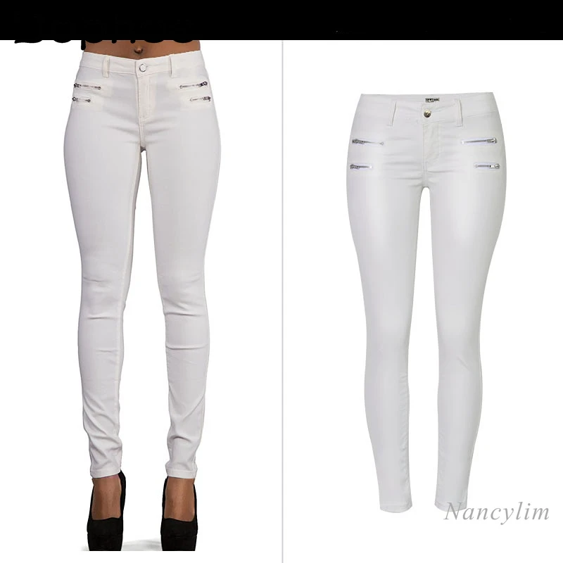 

2022 Low Waist Slim Stretch Pencil Imitation Leather Denim Pants Double Zipper White Jeans Women's Clothing Skinny