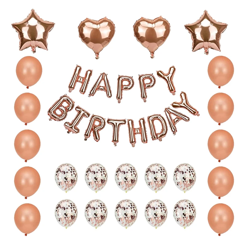 

Birthday Balloons Decoration Set Rose Gold Balloons Confetti Party Balloons, "HAPPY BIRTHDAY" Banner