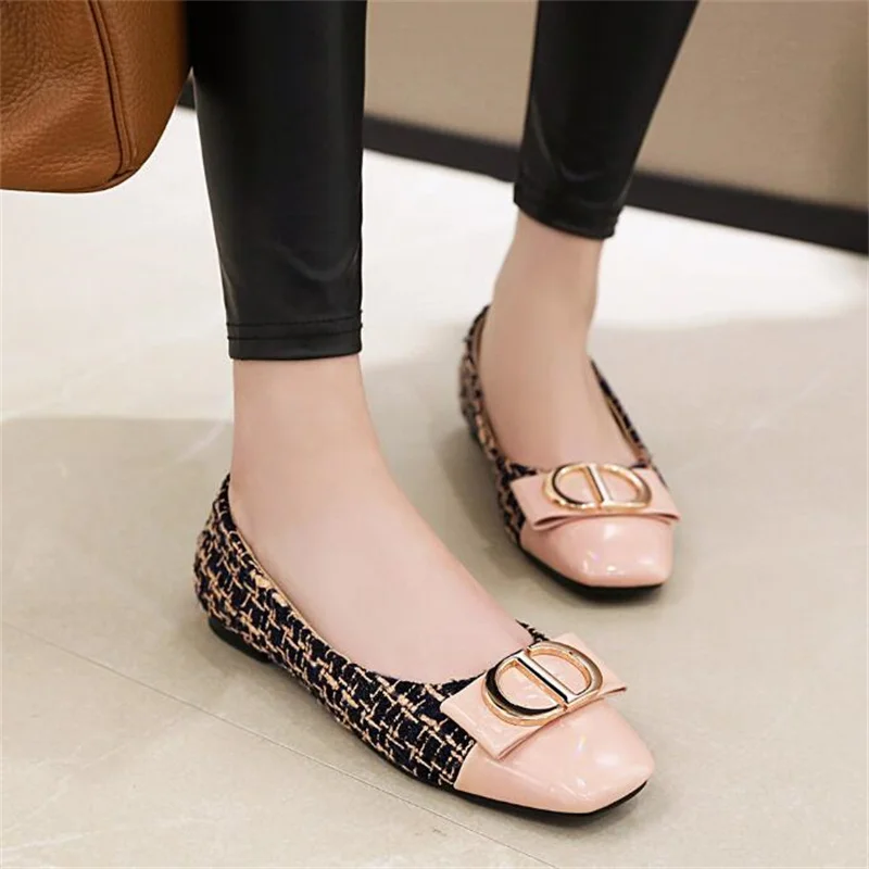 

Brand Flats Ballet Shoes Women New Summer Ballerina Square Toe Shallow Buckle Flat Shoes Slip On Casual Loafer Shoe Black Beige