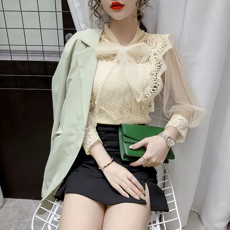 Женская блузка на шнуровке кружевная рубашка с вырезами Женский Топ длинным