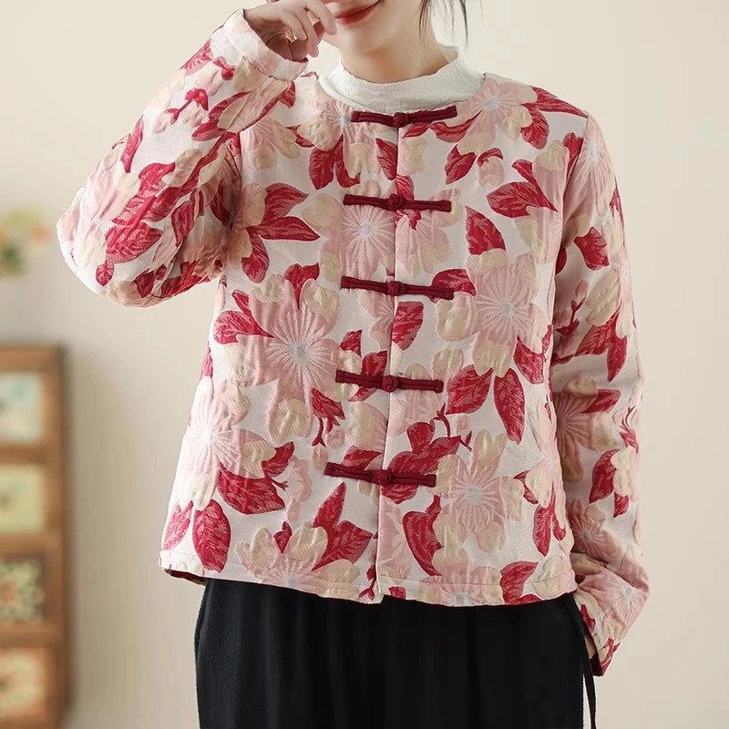 Жаккардовая хлопковая куртка с вышивкой в китайском стиле Женская осенне-зимняя