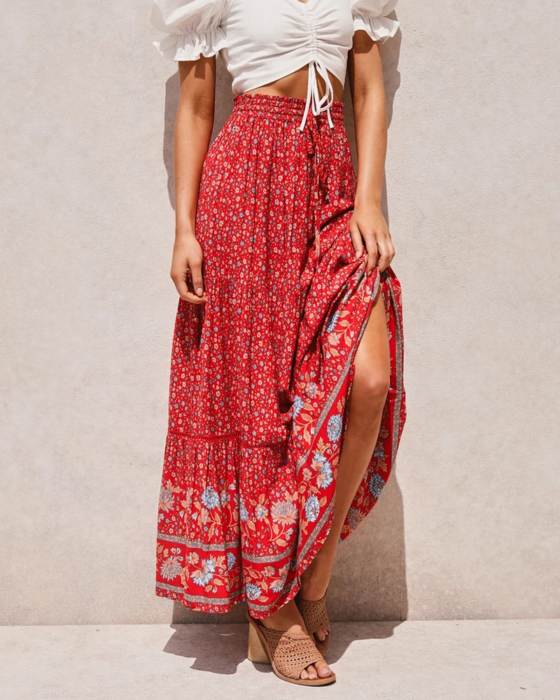 

2023 Women Red Floral Print Beach Bohemian Skirt High Elastic Waist Rayon Cotton Boho Maxi Skirts Femme