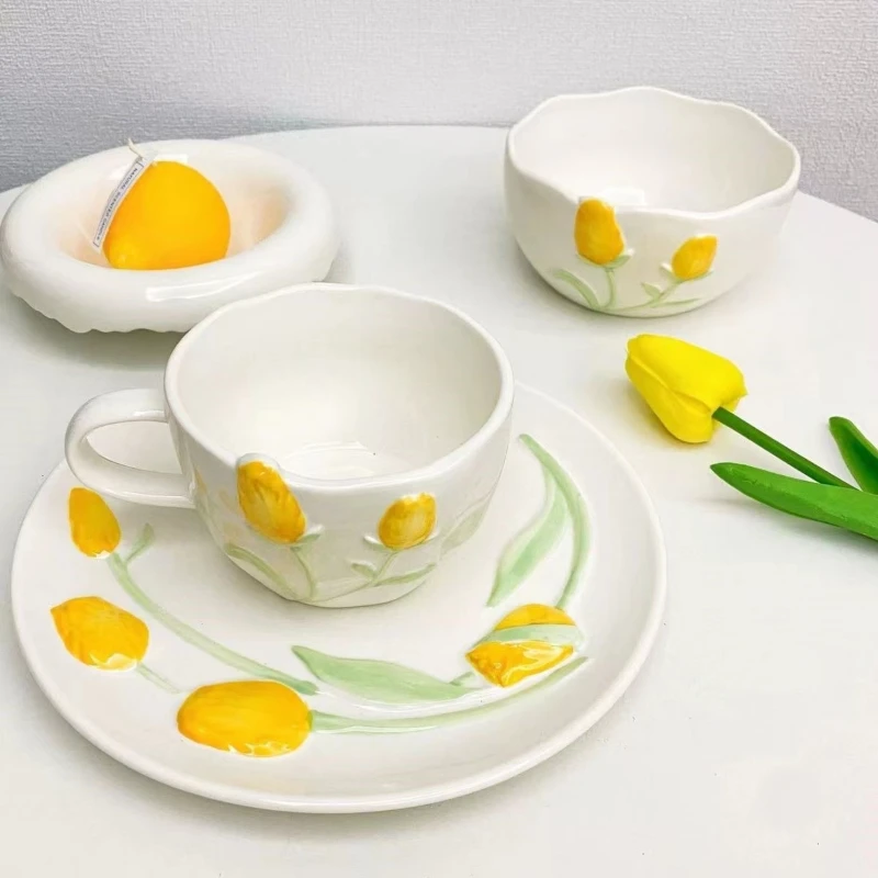 

3Pcs Tulip Relief Tableware Ceramic Bowl Plate Set Coffee Cup Flowers Cutlery Set Mug Dessert Salad Bowls Plates Dinnerware Set