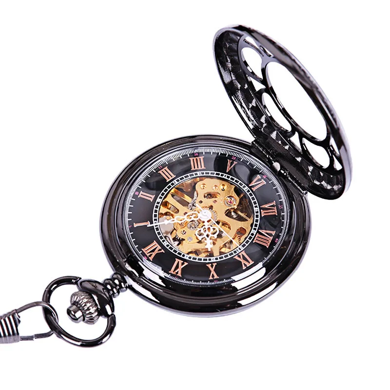 Luxury Black Mechanical Pocket Watch for Men Women Hollow Skeleton Case Roman Numeral Dial Fob Chain Pendant Clock Collection