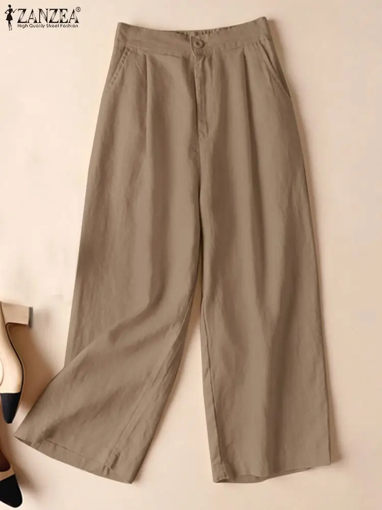 Button Solid Color Side Pockets Pantalon Elegant Casual Loose Beach Holiday Overalls 2022 ZANZEA Women Spring Wide Leg Pants