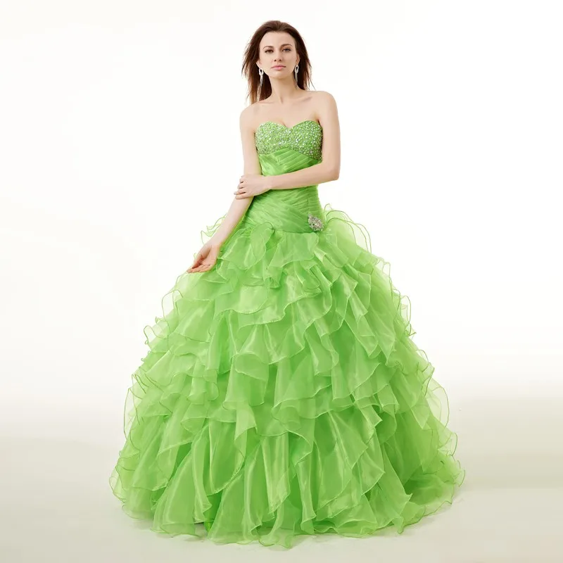 

Lime Green Quinceanera Dresses Ball Gown Sweetheart Organza Ruffles Beaded Mexican Sweet 16 Dresses 15 Anos