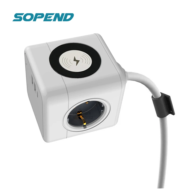 

Sopend EU Socket Power Strip with 3 Outlets USB Type C Ports Desktop Stand 1.5m Cable Unique Design 15W Wireless Charger Station