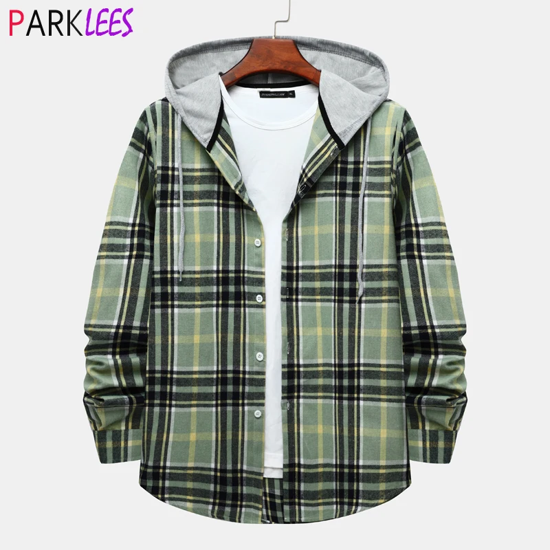 

Fashion Hoodie Plaid Flannel Button Shirt Men Women Long Sleeve Lightweight Casual Jacket Shirts Mens Checked Top Shirt Chemise