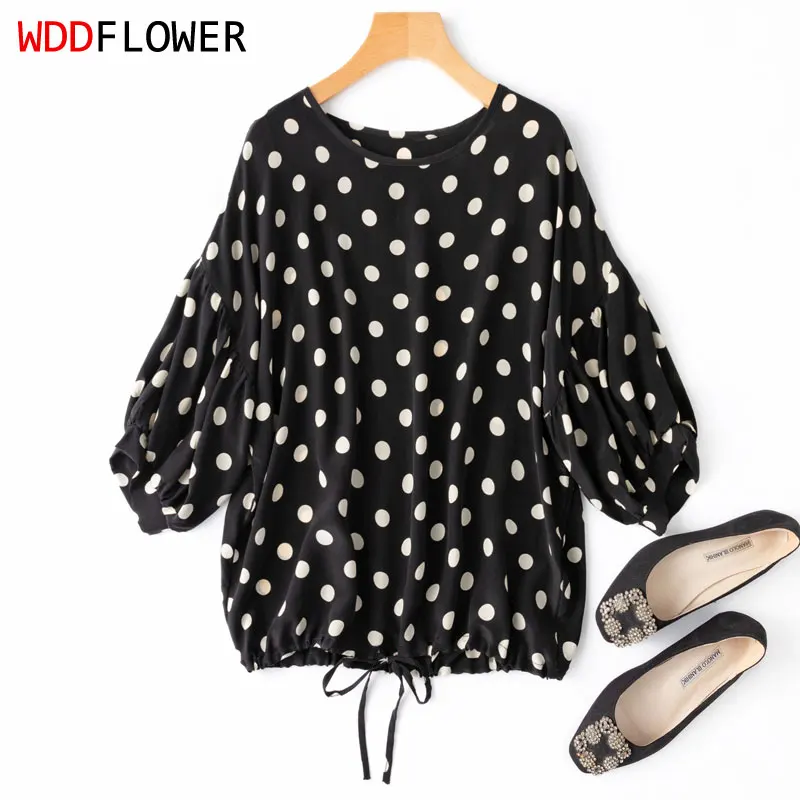 

Женская свободная рубашка из 100% натурального шелка крепа тутового шелкопряда в горошек черного цвета