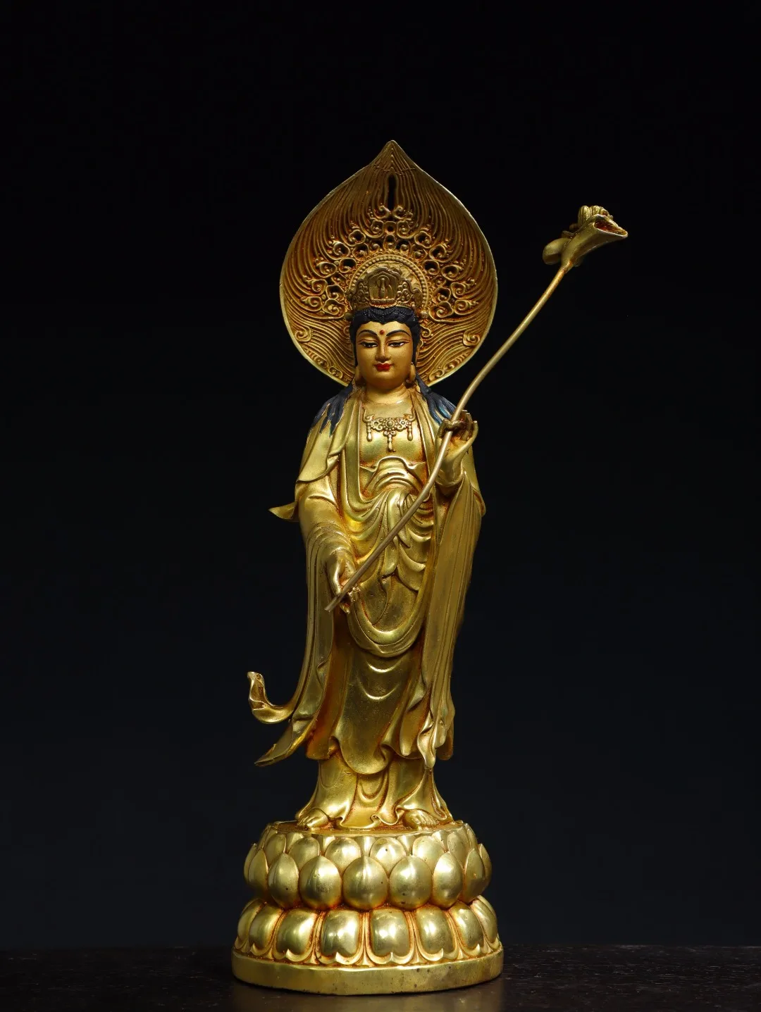 

19"Tibet Temple Collection Old Bronze Cinnabar Gilded Face Painting Mahasthamaprapta Guanyin Station Buddha Worship Hall