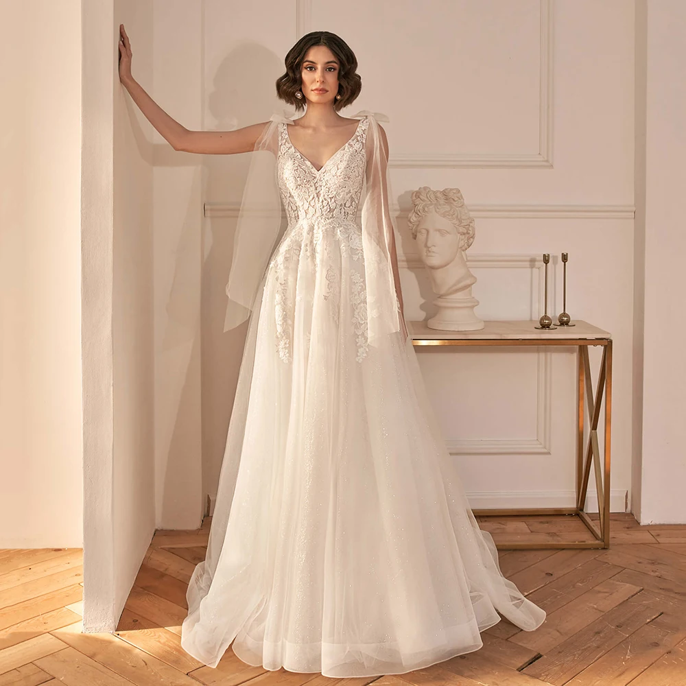 

Chic Illusion Bodice Lace Wedding Gowns V-neck Boho Bride Dress A-line Appliqued White Garden Bridal Gown Vestido de Novia 2023