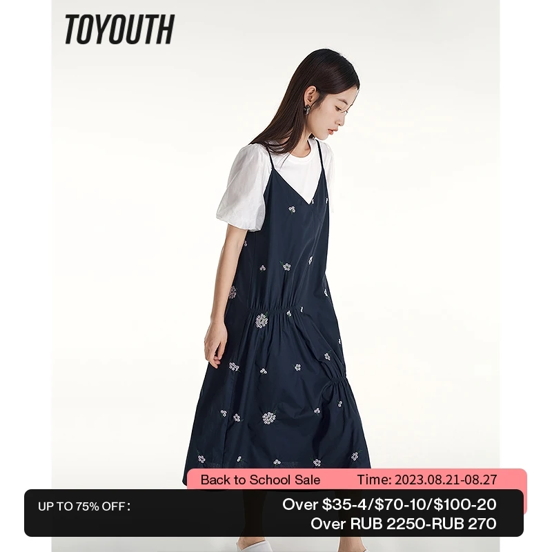 

Toyouth Women Suspended Dress 2023 Summer Sleeveless V Neck A-shape Lavender Embroidery Pleated Design Holiday Daily Skirt