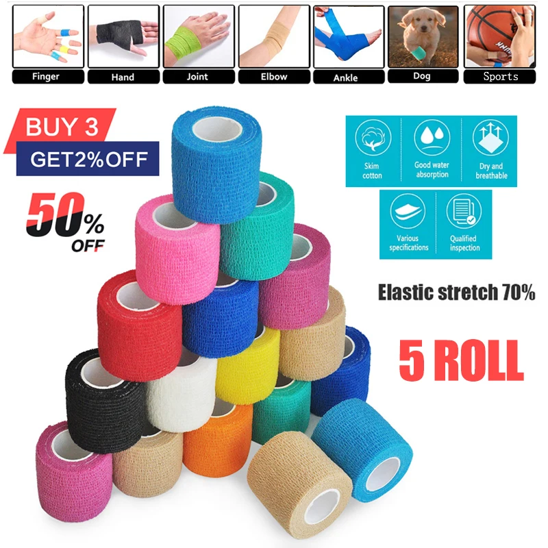 

5 Roll Colorful Breathable Self-Locking Elastic Kinesiology Tape Adhesive Kinesiological Bandage Sports Finger Leg Medical Gauze
