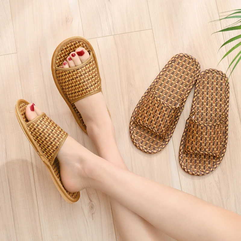 

Fashion Bamboo Weaving Home Linen Slippers Summer Cooling Floor Indoor Slides Unisex Bedroom Shoes Mujer Zapatillas