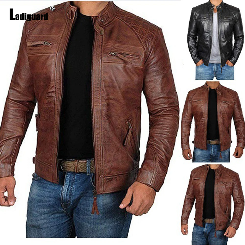 Ladiguard 2022 Autumn Faux Pu Leather Jackets Men's Top Outerwear Zipper Up Coat Slim Biker Jacket Plus size 5xl Homme Overcoats