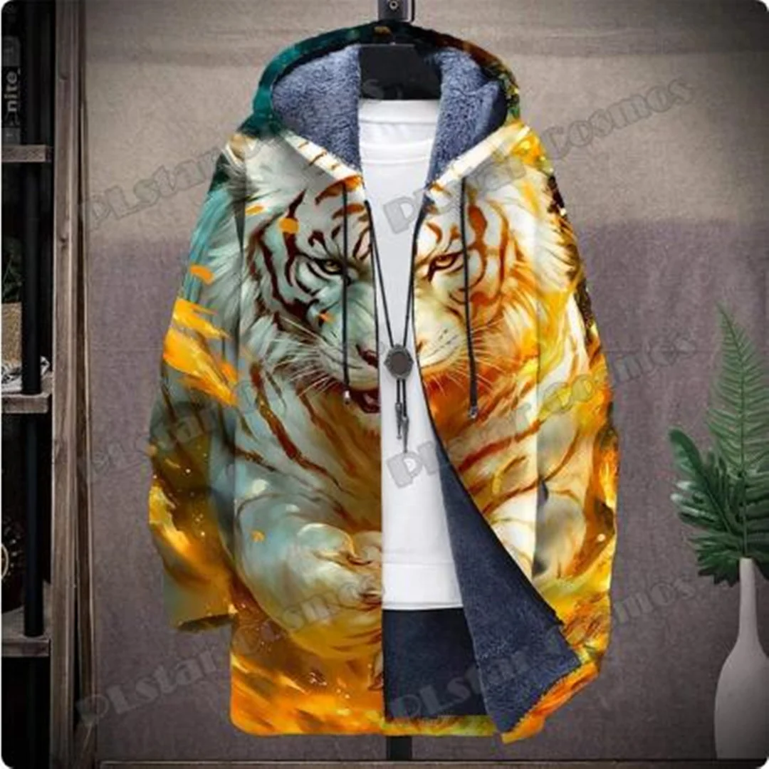 

Модная мужская зимняя куртка с капюшоном, куртка с 3D принтом льва и Тигра и граффити, Повседневная Толстая теплая куртка с капюшоном