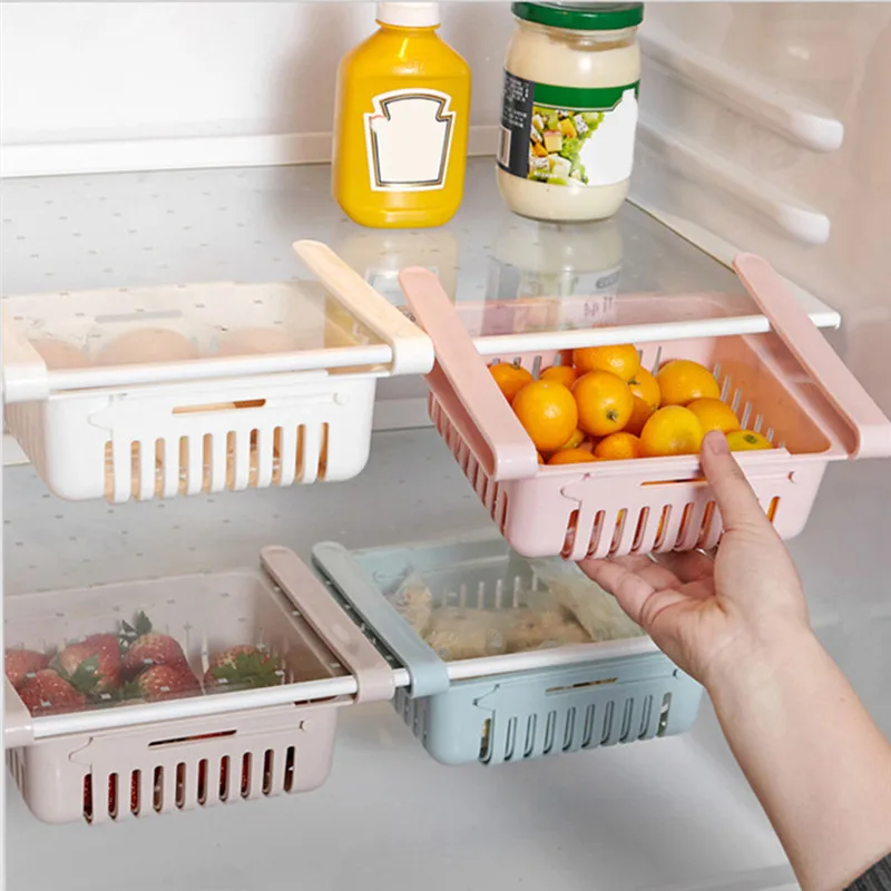 

Kitchen Organizer Fridge Freezer Shelf Holder Pull-Out Drawer Organiser Space Saver Adjustable Refrigerator Storage Rack