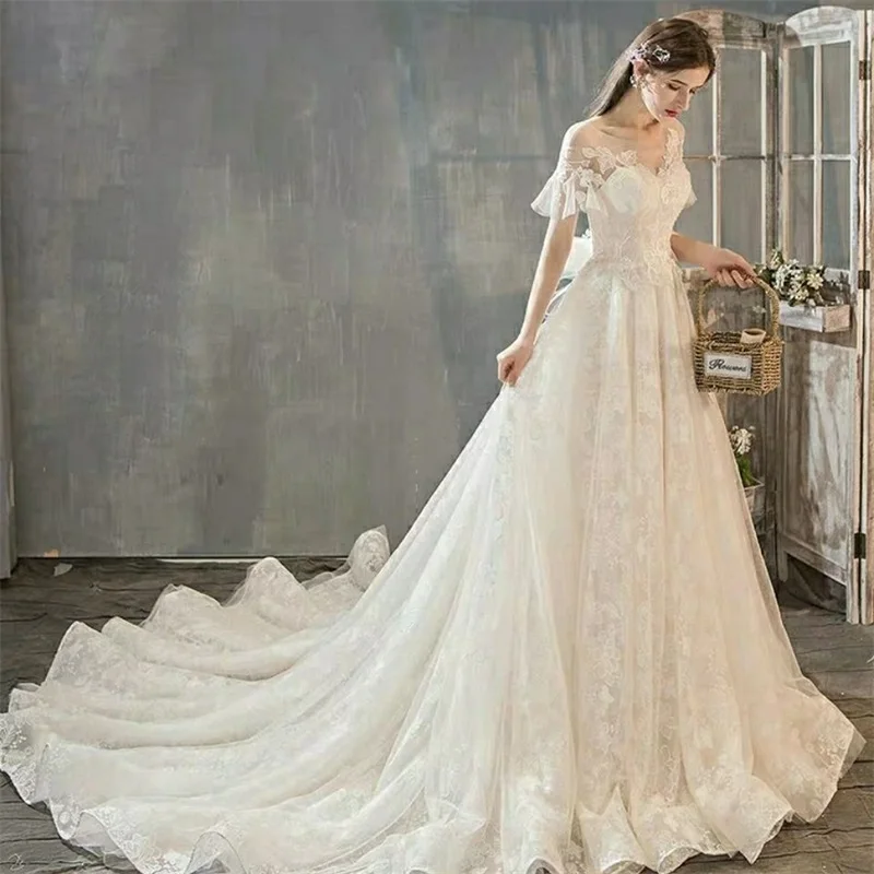 

Elegant Full Lace Ivory Wedding Dress Sheer O Neck Garden Beach Boho A Line Vintage Bridal Gown Appliqued Robe De Mariée