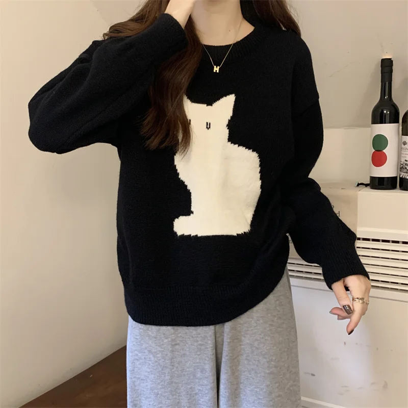 

Женский вязаный Топ с вышивкой в виде кота, Свободный пуловер с круглым вырезом и длинными рукавами в Корейском стиле, Осень-зима