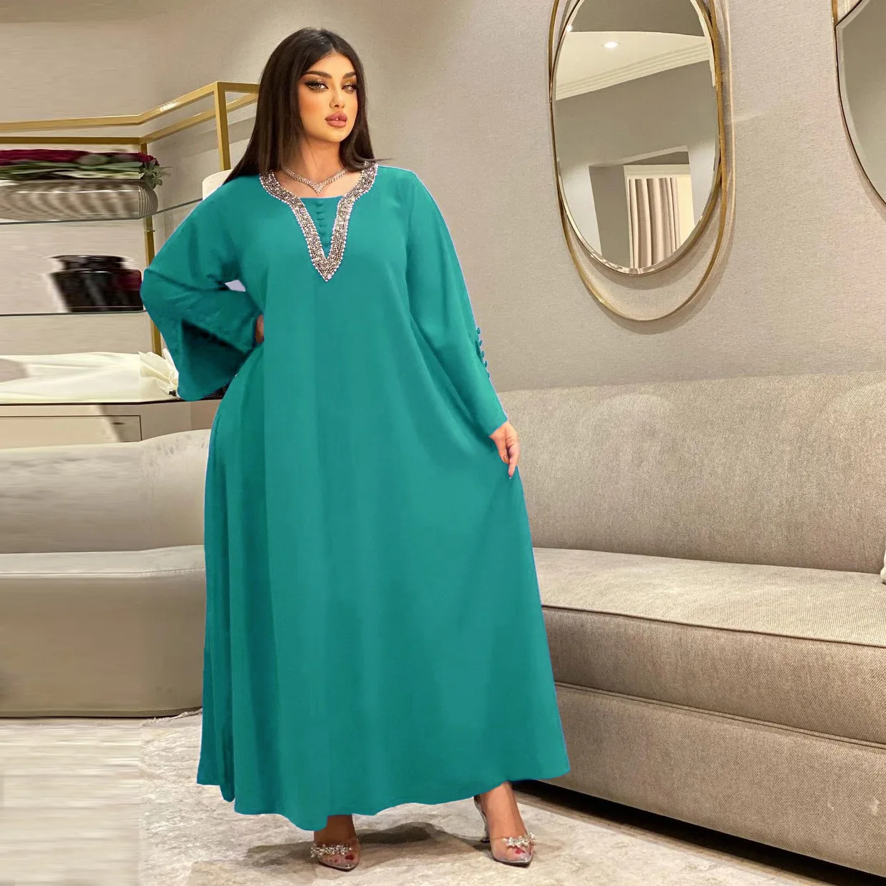 Morocco Party Dress for Women Fashion Diamonds Button Decoration Long Sleeve Party Prom Dress Ramadan Muslim Women Maxi Vestidos