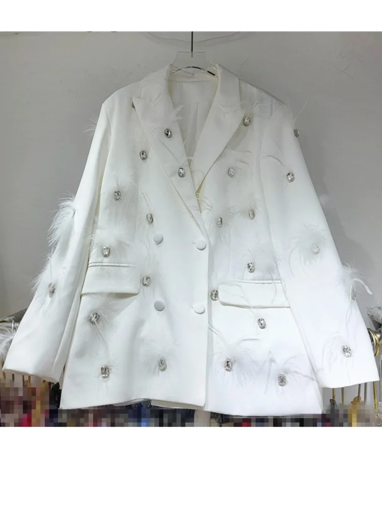 ZMEENNA Стразы пэчворк перо двубортный зубчатый однотонный тонкий женский Блейзер