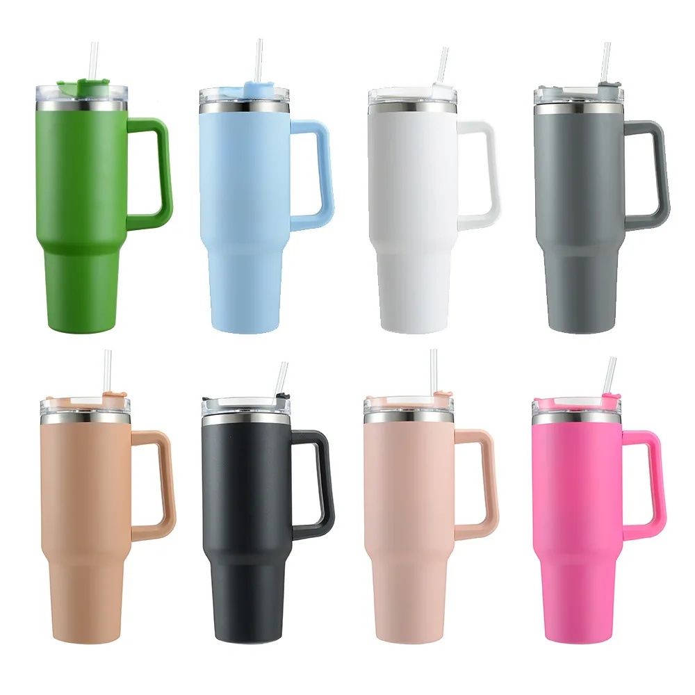 Cafe Insulated Tumbler Straw Stainless Steel Coffee Termos Cup In-Car Vacuum Flasks Portable Water Bottle 40oz Mug With Handle