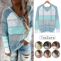 women v neck sweater lady patchwork long sleeve hooded jumper sweatshirt spring autumn retro hip hop pullovers tops