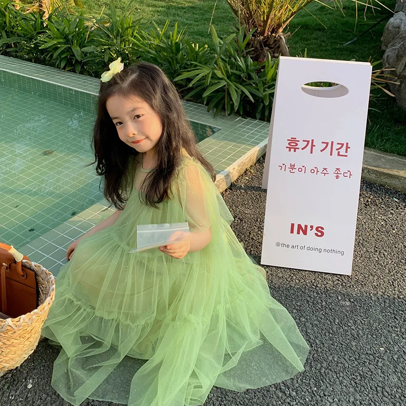 Летнее платье принцессы мечты девочки модная зеленая газовая юбка эльфа