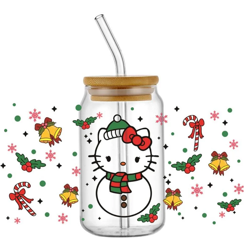 Рождественская мультяшная серия UV DTF Kitty Cat and Stitch Snoopy для очков 16 унций Libbey