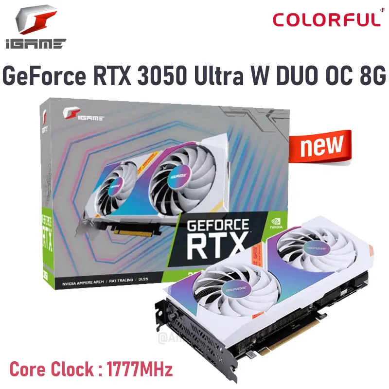 

Видеокарта Colorful iGame GeForce RTX 3050 ULTRA W DUO OC 8G GDDR6, 1777 бит, 3050 МГц, RGB, поддержка AMD Intel CPU LHR RTX