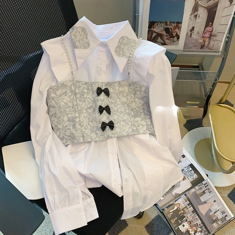 

2022 Spring and Autumn White Shirt Vest Two-piece Fashion Design Ladies Top Puff Sleeve Shirt