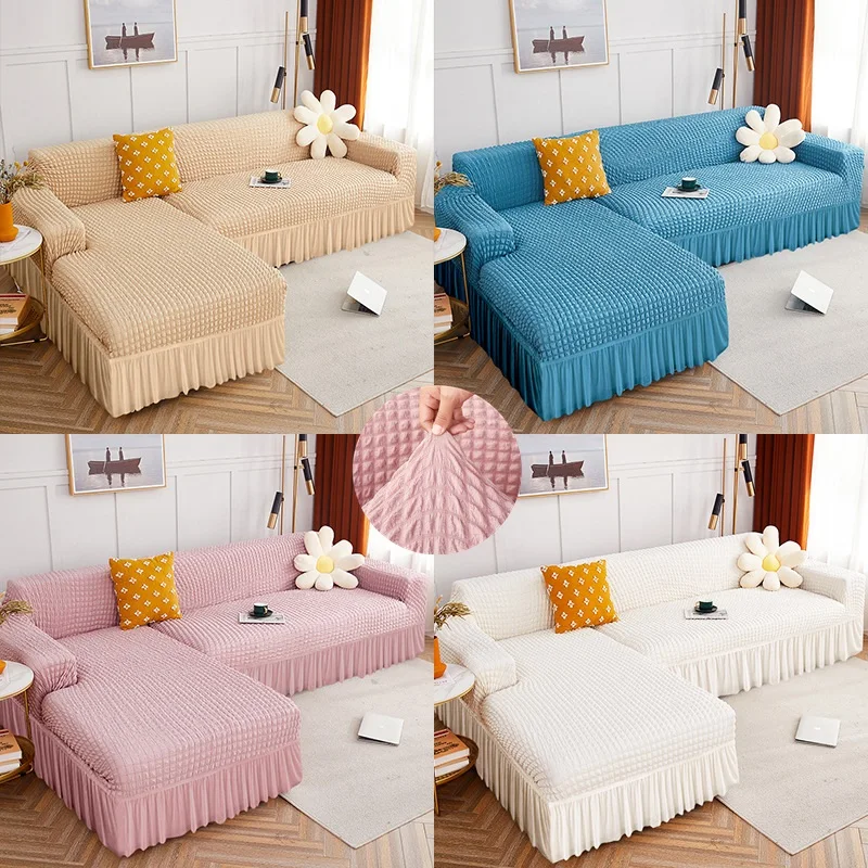 

1 2 3 4 Seat Seersucker Sofa Covers Stretch L Shaped Sofas Skirt Cover Couch Slipcovers Chaise Longue Sofa Cover for Living Room
