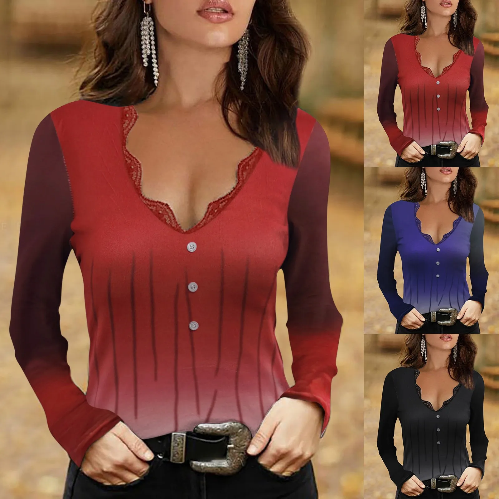 

Women's Gradient Print Lace Splice Blouse Shirts Fashion Button Long Sleeve V Neck Tunic Shirt Summer Casual V Neck Pullover Top