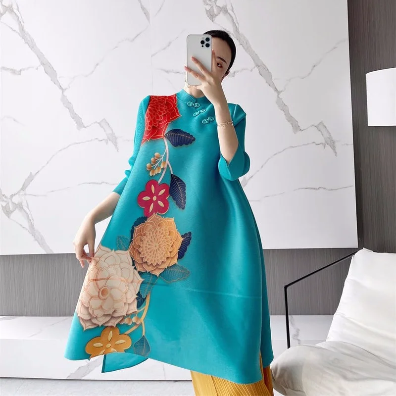 

Improved cheongsam skirt folded dress female 2022 spring new fashion high-end foreign loose vintage o neck long sleeve skirt