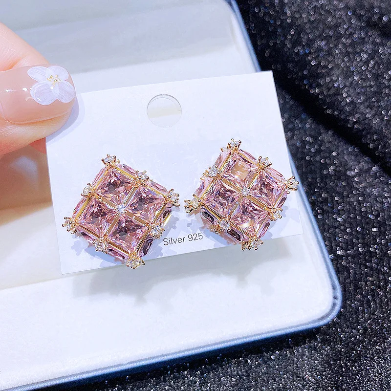 

High Quality Light Luxury Earrings Heavy Industry Color Zircon Stereo Square Earrings High Sense Small Ear Accessories