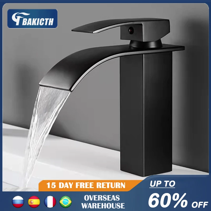 

Bakicth Waterfall Basin Sink Faucet Black Faucets Brass Bath Faucet Hot&Cold Water Mixer Vanity Tap Deck Mounted Washbasin Taps