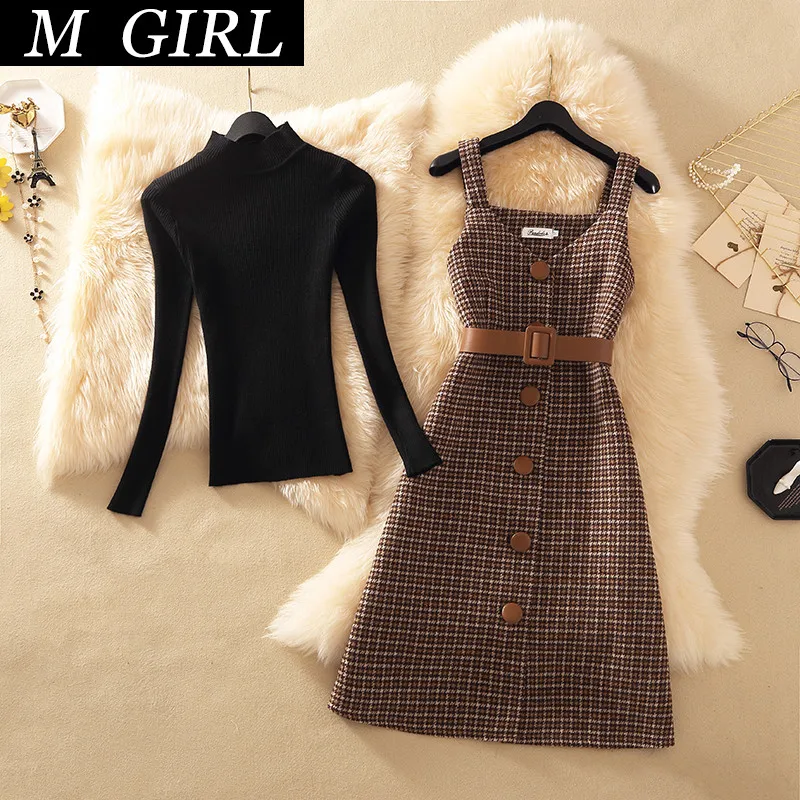 M GIRLS Two Piece Dress Set Women Winter Solid Base Sweater and Sleeveless Knee-Length Plaid Tweed Dresses Suits With belt