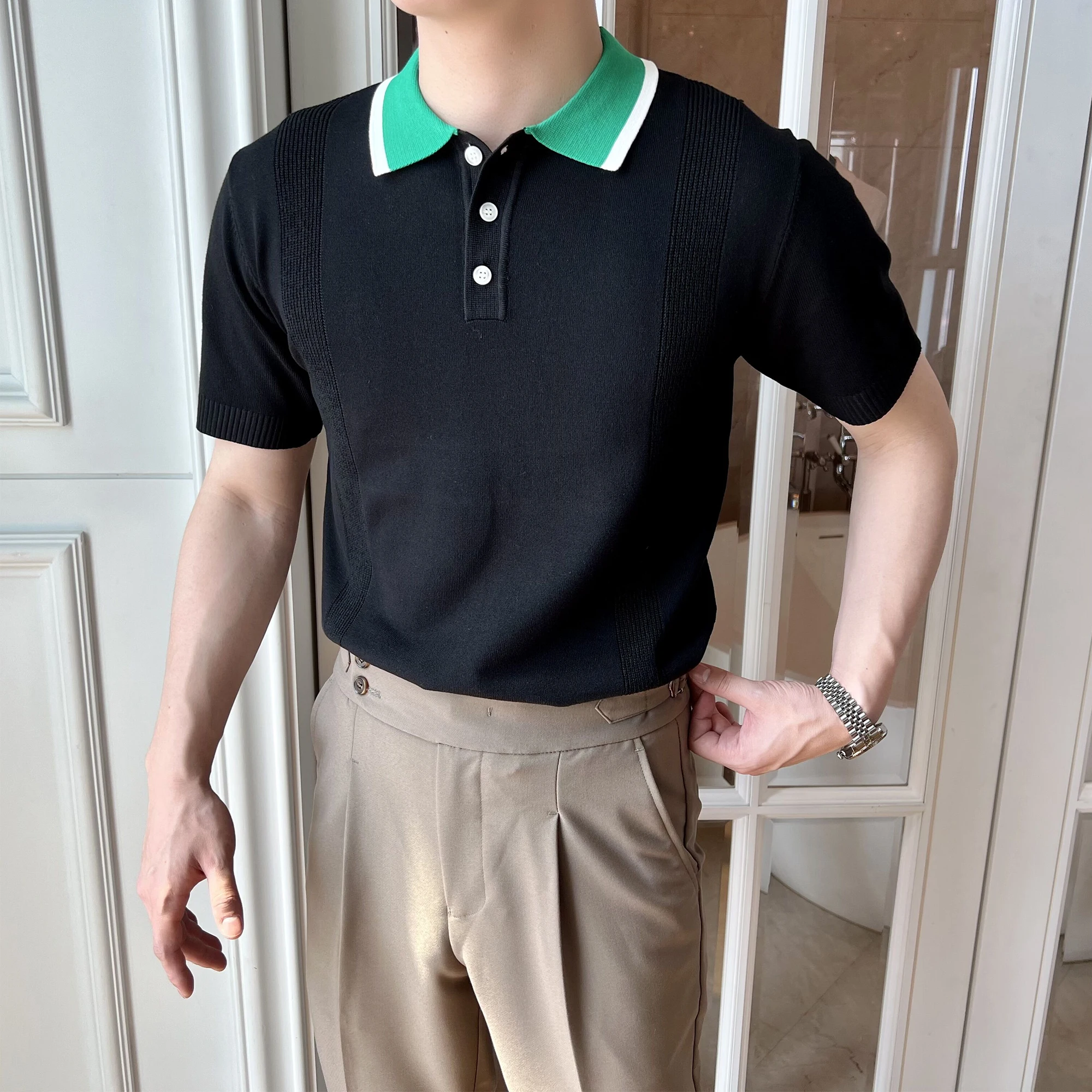 

2022 Men's Summer Fashion Ice Silk Lapel Tops Male Short-Sleeved Casual Polo Shirt Men Solid Color Slim Knitted Tees Tops G178