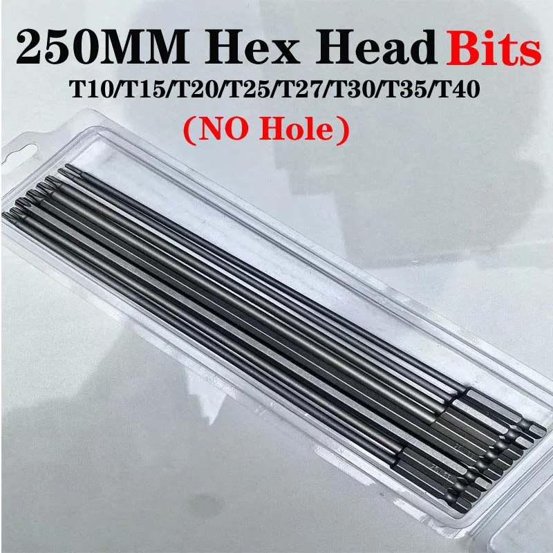 250mm Torx Screwdriver Bit Set S2 Steel 1/4"Inch Hex Shank Magnetic No Hole Torx Screwdriver Electric Head Torx Bit Set T10-T40