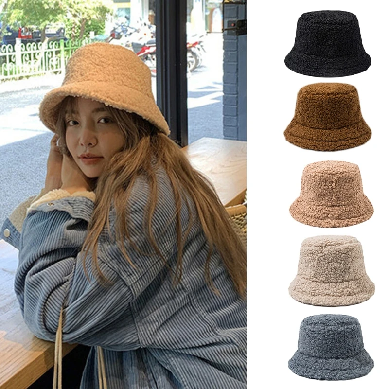

Lamb Wool Plush Hats Solid Color Wide Brims Caps All-match Fall Winter Plush Hat Plush Hat Bucket Hats for Women & Men