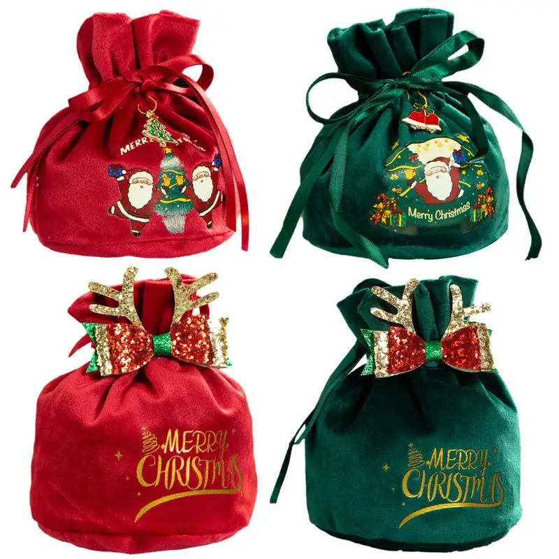 Christmas Velvet Gift Bag Santa Drawstring Bag New Year Christmas Gift Candy Apples Handle Bag Christmas Tree Hanging Decoration